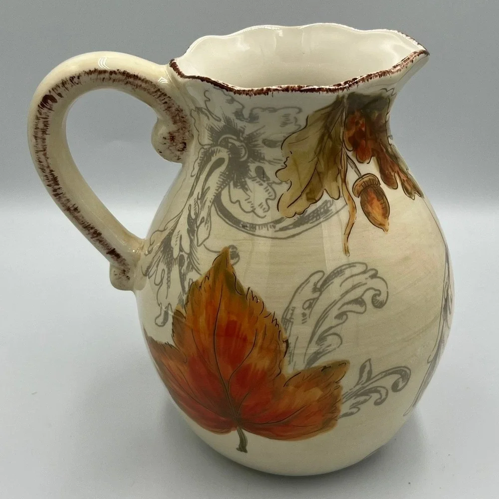 Marshalls Ceramic Harvest Pitcher Fall Leaves Acorns Cream Orange NWOT